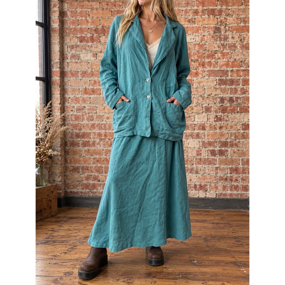 Orvis Womens Teal 100% Linen 2 Piece Set Jacket Maxi Skirt L Lagenlook Costal